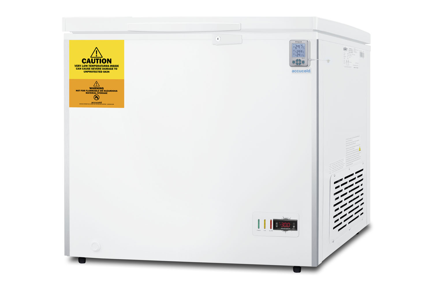 -30 C laboratory 6.7 cu.ft. chest freezer with stainless steel corner guards, NIST calibrated thermometer with alarm, and lock